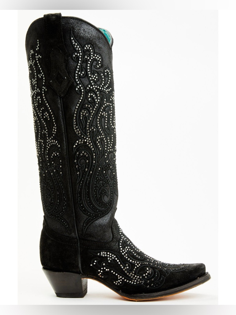 Corral Black Crystal Embroidered Tall Western Boots Snip Toe